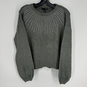 Aqua‎ Embellished Sweater S Rhinestone Starburst Balloon Long Sleeves Crew Gray